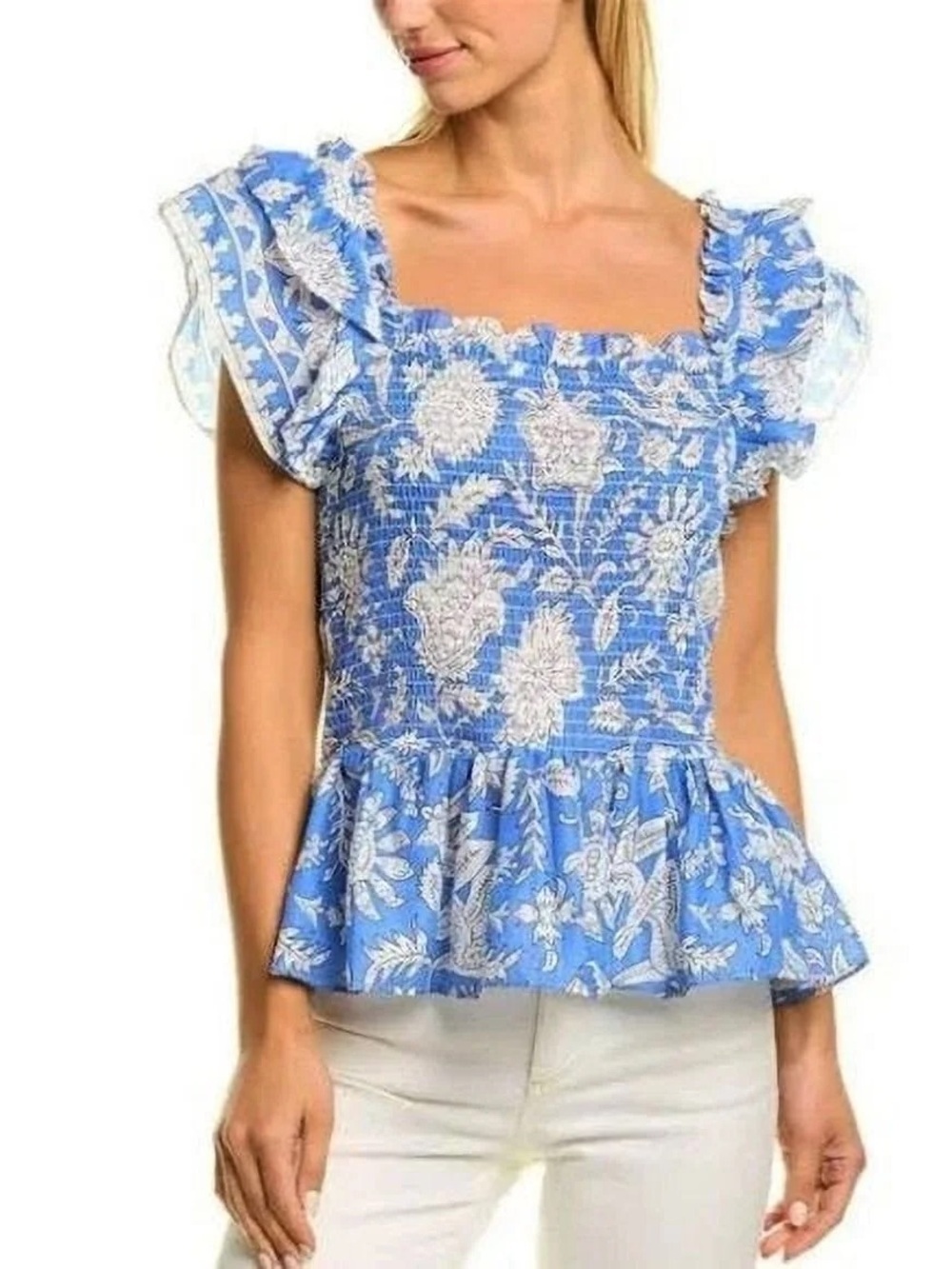 Jennifer & grace cotton Blue Floral Ruffle Square-Neck Peplum Top